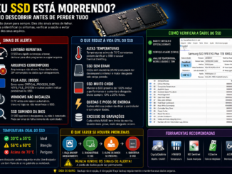 Infográfico Da Vmia Explicando Como Descobrir Se O Ssd Está Morrendo Antes De Perder Arquivos, Mostrando Sinais De Falha, Temperatura Ideal, Smart, Crystaldiskinfo E Ferramentas De Diagnóstico.