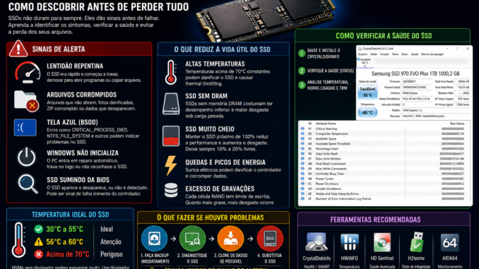 Infográfico da VMIA explicando como descobrir se o SSD está morrendo antes de perder arquivos, mostrando sinais de falha, temperatura ideal, SMART, CrystalDiskInfo e ferramentas de diagnóstico.