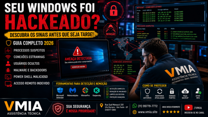 Técnico da VMIA analisando conexões suspeitas, malware e possível invasão hacker no Windows 11 utilizando ferramentas de segurança digital.