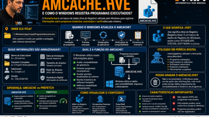 Técnico da VMIA analisando o arquivo Amcache.hve do Windows, mostrando como o sistema registra programas instalados e executados para compatibilidade e diagnósticos.