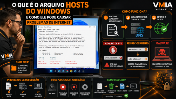Técnico analisando o arquivo hosts do Windows enquanto investiga problemas de acesso a sites e resolução DNS.