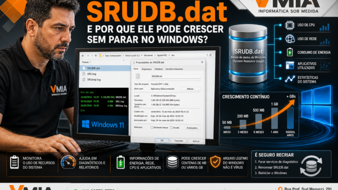 Técnico da VMIA analisando o arquivo SRUDB.dat do Windows, mostrando monitoramento de CPU, rede, energia e crescimento do banco de dados System Resource Usage.