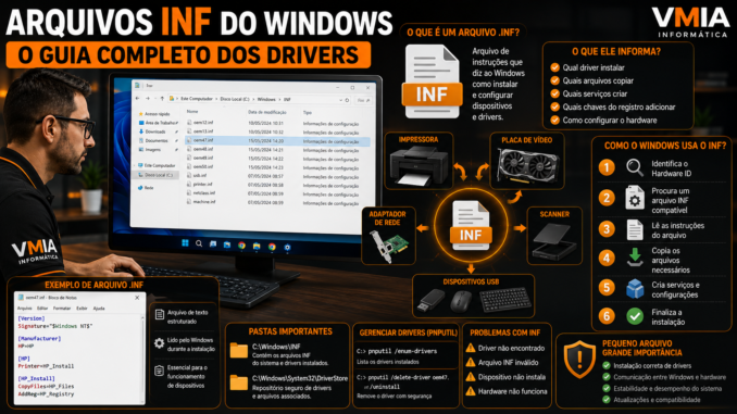 Técnico analisando arquivos INF do Windows utilizados na instalação de drivers de impressoras, placas de vídeo e dispositivos USB.