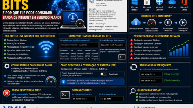 Infográfico explicando o serviço BITS (Background Intelligent Transfer Service) do Windows, mostrando como ele utiliza internet em segundo plano para Windows Update, Microsoft Store, Defender e OneDrive.