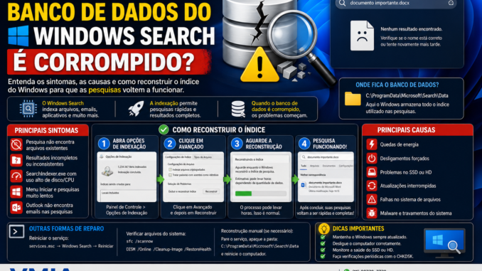 Ilustração mostrando corrupção do banco de dados do Windows Search, pesquisa sem resultados, SearchIndexer com problemas e processo de reconstrução da indexação no Windows 11.