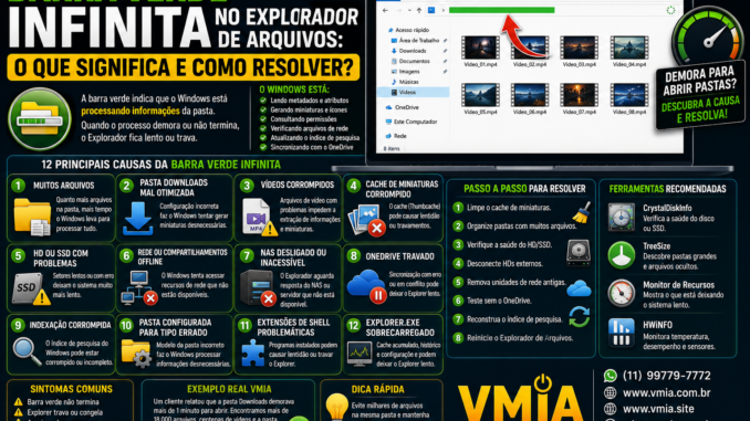 Explorador de Arquivos do Windows exibindo uma barra verde carregando indefinidamente ao abrir uma pasta com vídeos. A imagem ilustra problemas de miniaturas, OneDrive, SSD, HD, rede e indexação do Windows.