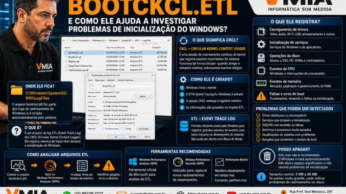 Técnico da VMIA analisando o arquivo bootckcl.etl do Windows para identificar lentidão na inicialização, carregamento de drivers e falhas de boot.