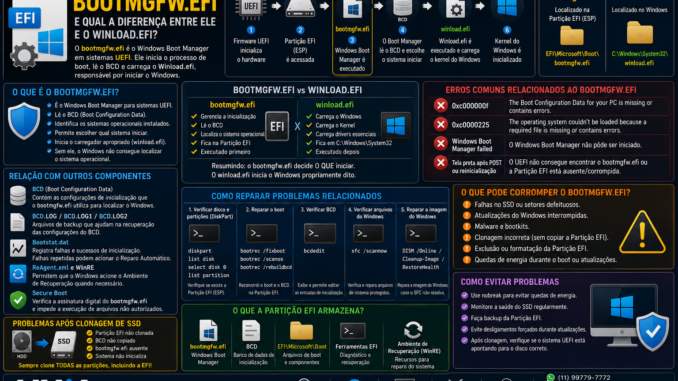 Infográfico técnico explicando o arquivo bootmgfw.efi, o Windows Boot Manager, sua relação com o boot UEFI, BCD, Partição EFI e as diferenças entre bootmgfw.efi e Winload.efi.