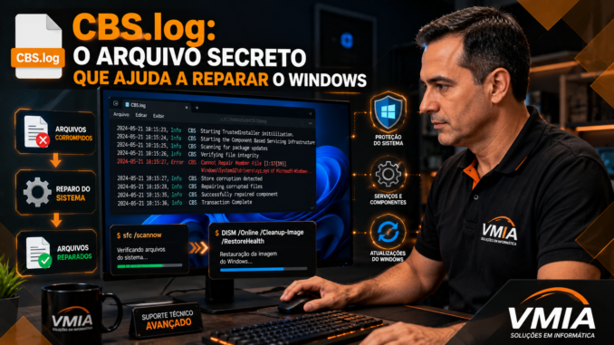 Técnico da VMIA analisando o arquivo CBS.log do Windows para diagnosticar e reparar arquivos corrompidos do sistema.