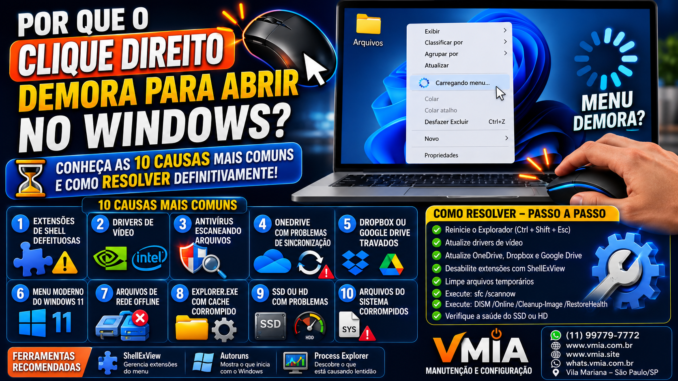 Menu do botão direito do Windows demorando para abrir em um notebook com Windows 11. A imagem ilustra problemas relacionados a extensões de shell, OneDrive, Dropbox, drivers de vídeo, antivírus e Explorer.exe.