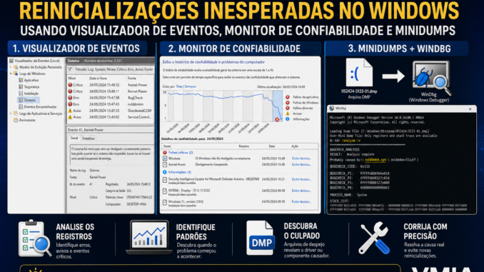 Infográfico mostrando como descobrir a causa de reinicializações inesperadas no Windows utilizando o Visualizador de Eventos, o Monitor de Confiabilidade e a análise de arquivos Minidump com o WinDbg.