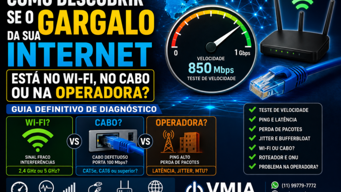 Ilustração de um teste de velocidade da Internet com roteador Wi-Fi, cabo de rede Ethernet e velocímetro digital, representando o diagnóstico de gargalos entre Wi-Fi, cabeamento e operadora de Internet.