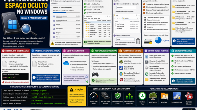 Infográfico mostrando passo a passo como identificar arquivos ocultos e liberar espaço em SSD e HD no Windows usando TreeSize, WinDirStat, OneDrive e Limpeza de Disco.