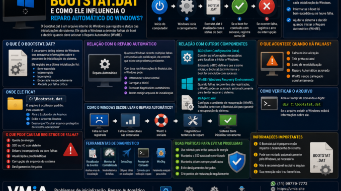 Infográfico técnico explicando o arquivo Bootstat.dat do Windows, seu papel no registro de falhas de inicialização e sua influência no Reparo Automático, WinRE e processo de boot do sistema.