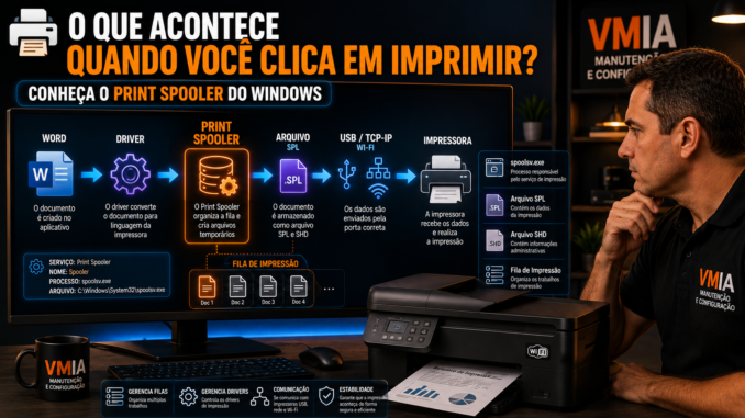 Diagrama mostrando como o Print Spooler processa documentos antes de enviá-los para a impressora no Windows.