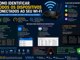 Infográfico Mostrando Como Identificar Todos Os Dispositivos Conectados Ao Wi-Fi Utilizando Roteador, Aplicativo Fing, Advanced Ip Scanner E Prompt De Comando, Incluindo Dicas De Segurança Para Redes Domésticas.