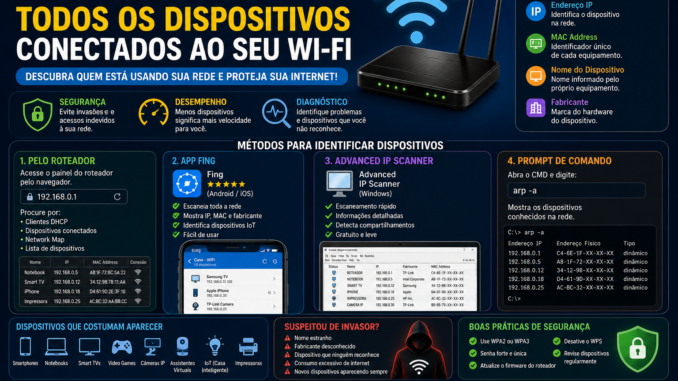 Infográfico mostrando como identificar todos os dispositivos conectados ao Wi-Fi utilizando roteador, aplicativo Fing, Advanced IP Scanner e Prompt de Comando, incluindo dicas de segurança para redes domésticas.