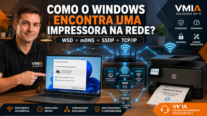 Computador com Windows detectando automaticamente uma impressora Wi-Fi na rede utilizando protocolos WSD, mDNS e SSDP.