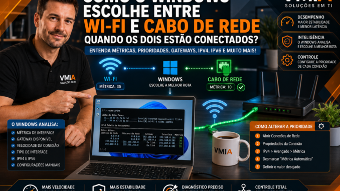 Ilustração mostrando como o Windows define a prioridade entre conexões Wi-Fi e Ethernet utilizando métricas de interface, gateways e tabelas de rotas.