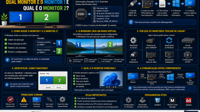 Infográfico explicando como o Windows identifica múltiplos monitores utilizando EDID, placa de vídeo, HDMI, DisplayPort e configurações de tela.