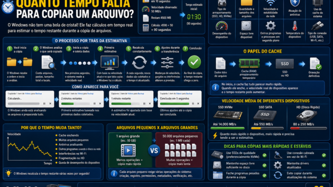 Infográfico explicando como o Windows calcula o tempo restante durante a cópia de arquivos utilizando velocidade de transferência, cache, SSD, HD e algoritmos de estimativa.