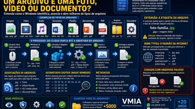 Infográfico explicando como o Windows identifica arquivos através de extensões, associações, MIME Types, assinaturas digitais e metadados.
