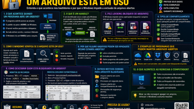Infográfico técnico explicando como o Windows detecta arquivos em uso através de handles, file locking, kernel do Windows e sistema de arquivos NTFS.