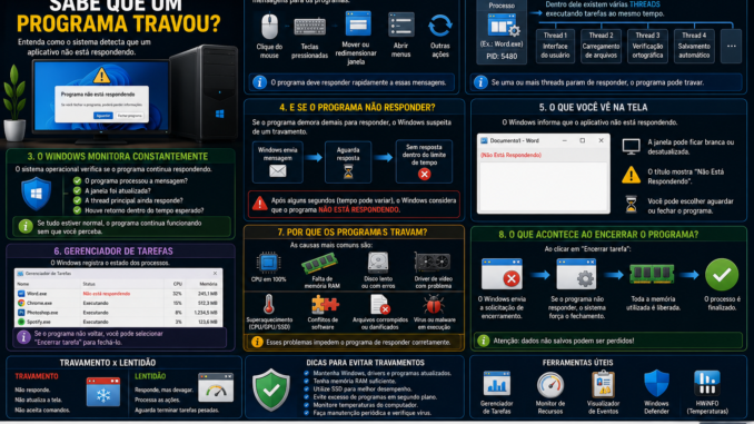 Infográfico explicando como o Windows detecta que um programa travou através de processos, threads, monitoramento de mensagens e Gerenciador de Tarefas.