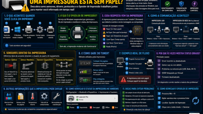 Infográfico técnico mostrando como o Windows detecta que uma impressora está sem papel através de sensores internos, drivers, spooler de impressão e protocolos de comunicação como SNMP.