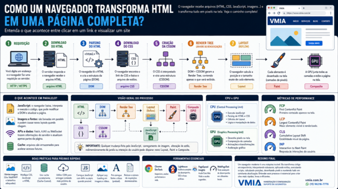 Infográfico mostrando como um navegador transforma um arquivo HTML em uma página completa, explicando as etapas de requisição HTTP, download do HTML, Parsing, criação da DOM, download do CSS, CSSOM, Render Tree, Layout, Paint, composição pela GPU, execução do JavaScript e métricas de desempenho como LCP, CLS e INP.