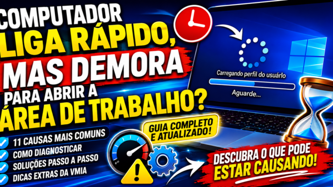 Notebook com Windows carregando lentamente após o login enquanto a Área de Trabalho demora para abrir. Imagem ilustrativa mostrando possíveis causas como OneDrive, impressoras de rede, antivírus, serviços do Windows e atualizações pendentes.