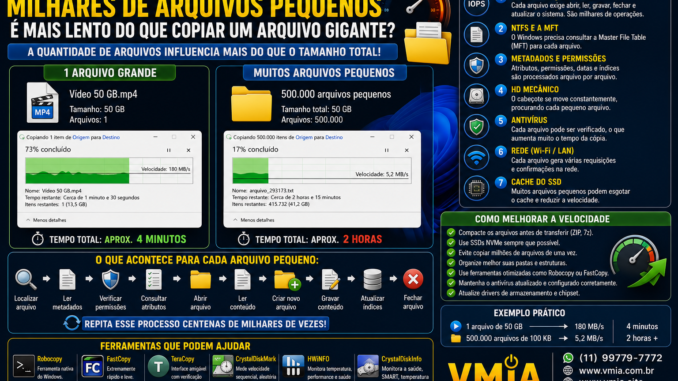 Comparação entre a cópia de um único arquivo grande e milhares de arquivos pequenos no Windows, destacando IOPS, NTFS, MFT, antivírus, SSD, HD e velocidade de transferência.