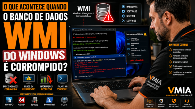 Técnico analisando falha no banco de dados WMI do Windows através do PowerShell e Prompt de Comando.
