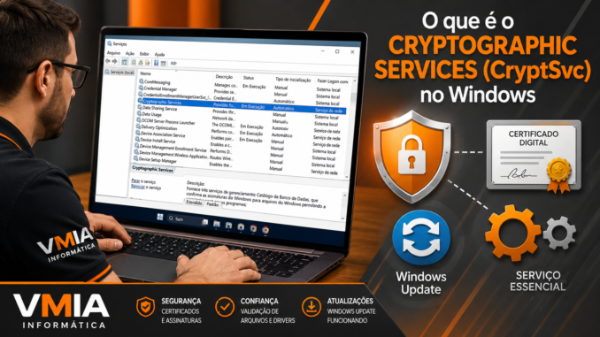 Tela do Windows mostrando o serviço Cryptographic Services (CryptSvc) responsável por certificados digitais e atualizações do Windows.