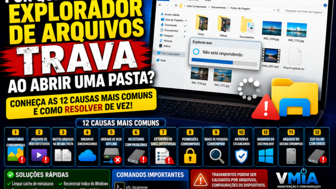 Tela do Explorador de Arquivos do Windows exibindo mensagem de erro "Explorer.exe não está respondendo" ao abrir uma pasta, ilustrando problemas de miniaturas corrompidas, OneDrive, HD externo, permissões e arquivos defeituosos.