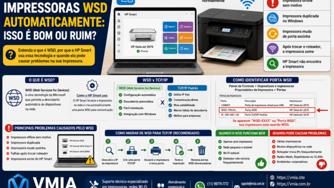 Imagem explicando como o HP Smart cria portas WSD automaticamente em impressoras HP, mostrando diferenças entre WSD e TCP/IP, problemas comuns e recomendações para maior estabilidade no Windows.