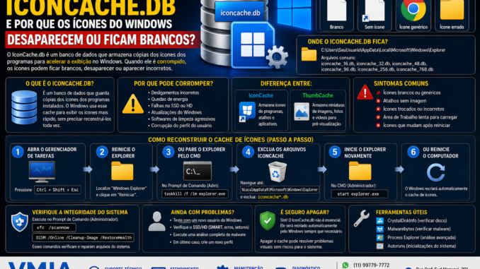 Infográfico explicando o arquivo IconCache.db do Windows, mostrando causas de corrupção do cache de ícones, sintomas como ícones brancos e o processo de reconstrução do cache.
