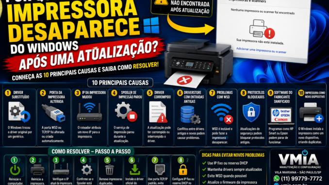 Tela do Windows sem impressoras instaladas após atualização do sistema, ao lado de uma impressora multifuncional. A imagem ilustra problemas de drivers, spooler de impressão, IP alterado, portas WSD e conflitos causados pelo Windows Update.