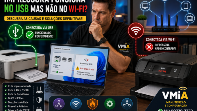 Técnico da VMIA analisando uma impressora que funciona normalmente via cabo USB, mas não é encontrada quando conectada ao Wi-Fi em um computador Windows.