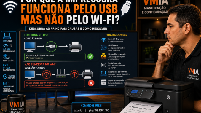Técnico analisando uma impressora que funciona normalmente pelo cabo USB, mas apresenta falhas de comunicação pela rede Wi-Fi devido a problemas de IP, roteador ou configuração de rede.