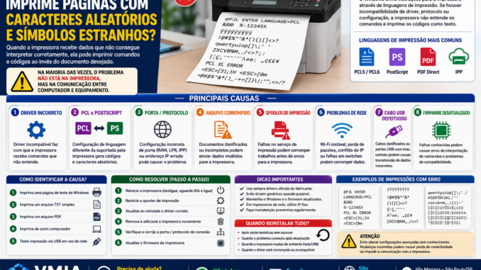 Infográfico explicando por que impressoras imprimem páginas com caracteres aleatórios, códigos estranhos e símbolos sem sentido, mostrando causas como drivers incorretos, PCL, PostScript, spooler de impressão e problemas de rede.