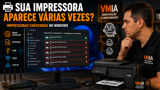 Tela do Windows exibindo várias impressoras duplicadas e fantasmas instaladas no sistema.