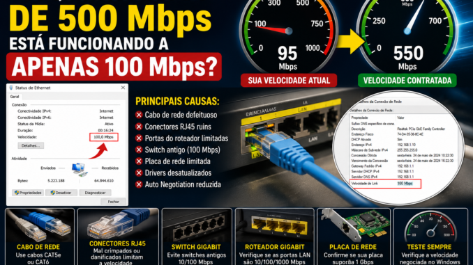 Infográfico mostrando uma conexão de internet limitada a 100 Mbps devido a problemas de cabo de rede, conectores RJ45, roteador, switch ou placa de rede, comparando velocidade contratada e velocidade real.