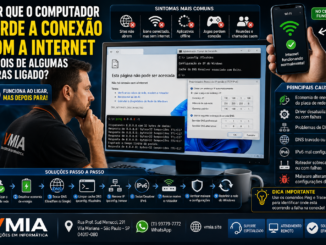 Técnico Da Vmia Diagnosticando Computador Que Perde A Conexão Com A Internet Após Algumas Horas Ligado, Mostrando Testes De Dns, Dhcp, Ipv6, Ping Contínuo E Configurações De Rede Do Windows.