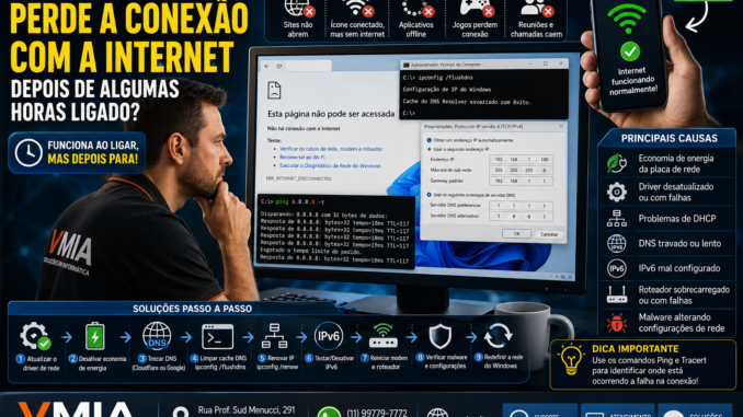 Técnico da VMIA diagnosticando computador que perde a conexão com a internet após algumas horas ligado, mostrando testes de DNS, DHCP, IPv6, ping contínuo e configurações de rede do Windows.