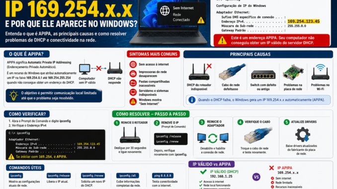 Infográfico explicando o endereço IP 169.254.x.x (APIPA) no Windows, mostrando causas relacionadas ao DHCP, sintomas de perda de conectividade e soluções para restaurar a comunicação de rede.