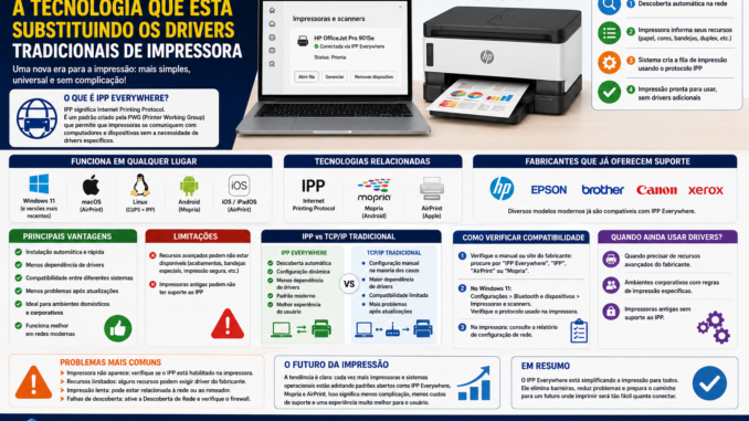 Infográfico explicando o funcionamento do IPP Everywhere, tecnologia que permite instalar e utilizar impressoras sem drivers específicos no Windows, macOS, Linux, Android e iPhone.