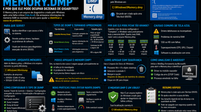 Infográfico explicando o arquivo Memory.dmp do Windows, mostrando sua relação com telas azuis (BSOD), tipos de dump, localização, análise com WinDbg e impacto no espaço em disco.