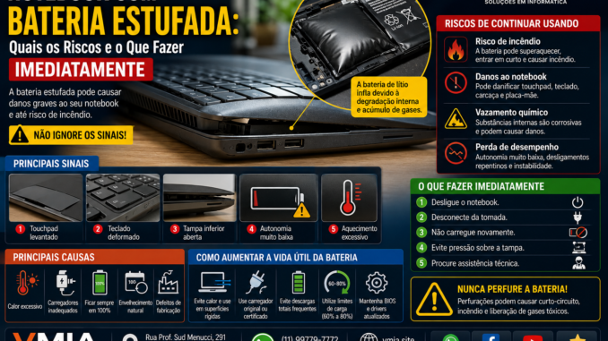 Notebook com bateria estufada mostrando deformação interna causada por bateria de lítio inchada, acompanhado de alertas sobre riscos de incêndio, danos ao equipamento e procedimentos de segurança.