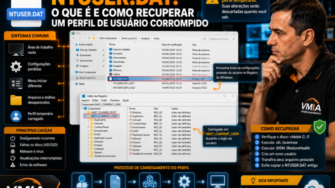 Técnico da VMIA analisando o arquivo NTUSER.DAT e o Registro do Windows para recuperar um perfil de usuário corrompido.
